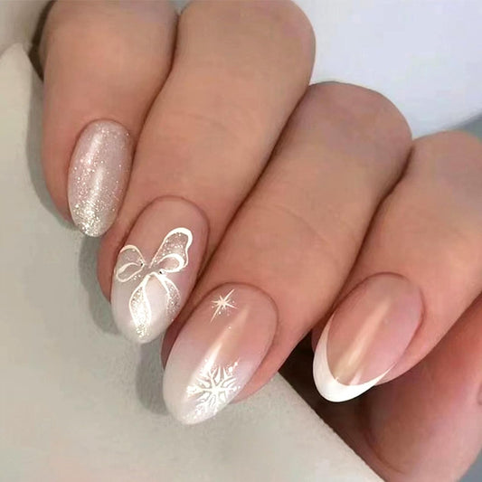 Press on Nails Short Oval White French Tip Fake Nails Snowflake Glitter Butterfly with Designs Glue on Nails Short Oval Acrylic False Nails for Women 24 Pcs