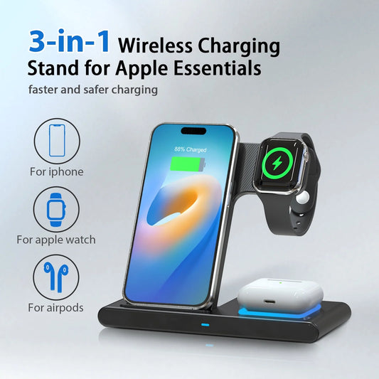 Charging Station, Wirelss Charger, Magnetic Fast Charging Station Compatible with Iphone 16 15 14 13 12 11 Pro Max XS XR, for Iwatch Series 9 8 7 6 5 4 3 2 SE, for Airpods 3 2 Pro